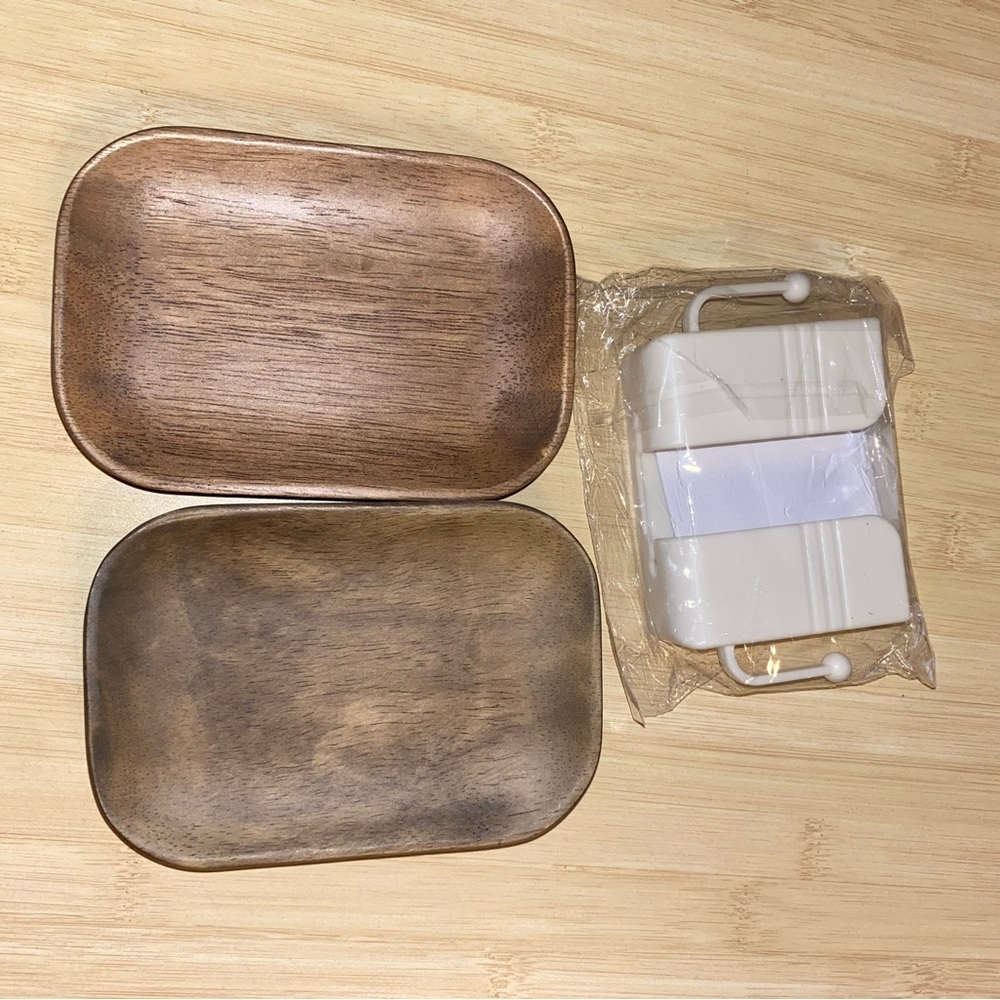 2 Wood soap trays and bathroom storage bundle